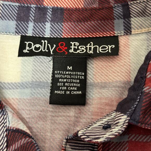 POLLY & ESTHER Blue Red Plaid Long Sleeve Button Down Shirt Medium - Picture 3 of 8